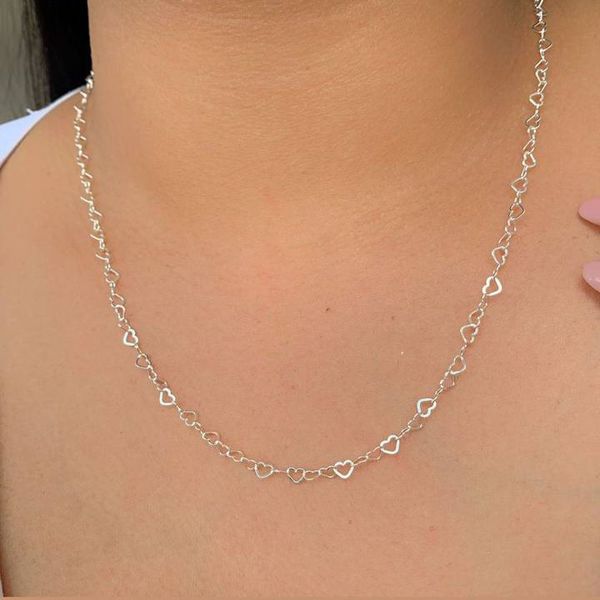 Colar Chocker Com Corações Vazados Na Prata 925 45cm