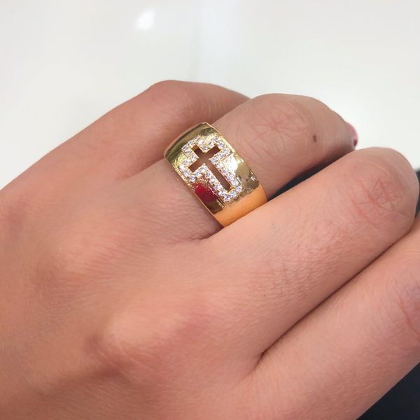 Anel Aliançinha Com Uma Cruz Cravejada
