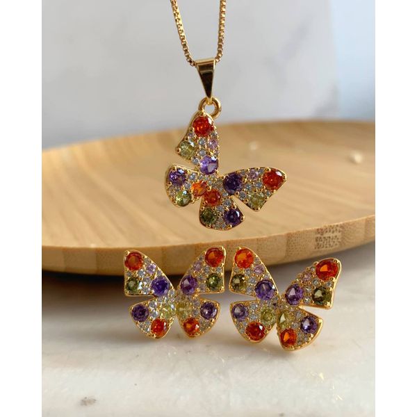 Conjunto de borboleta com zircônias coloridas