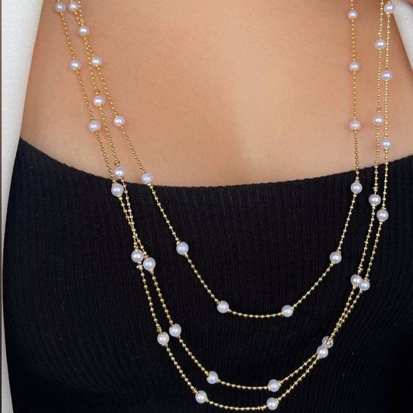 Colar alongado de perolas e esferas delicada 80cm (cada) 