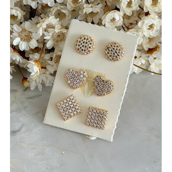 Trio De Brincos Antialérgico Cravejado