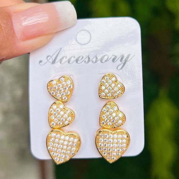 Trio De Brincos Coração Cravejado