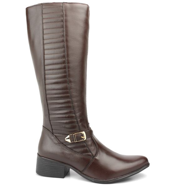 Bota Feminina Montaria Couro Legítimo Detalhe Em Dourado