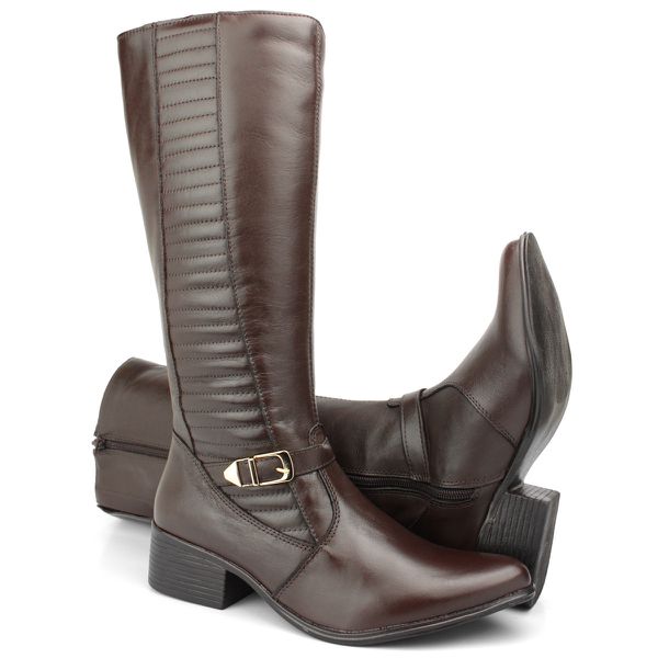 Bota Feminina Montaria Couro Legítimo Detalhe Em Dourado