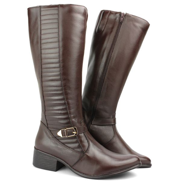 Bota Feminina Montaria Couro Legítimo Detalhe Em Dourado