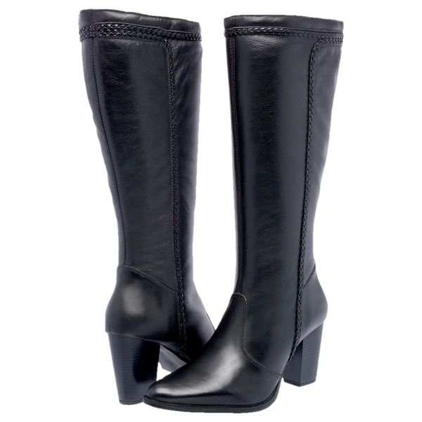 Bota Feminina Cano Alto Bico Fino com Salto Bloco em Couro