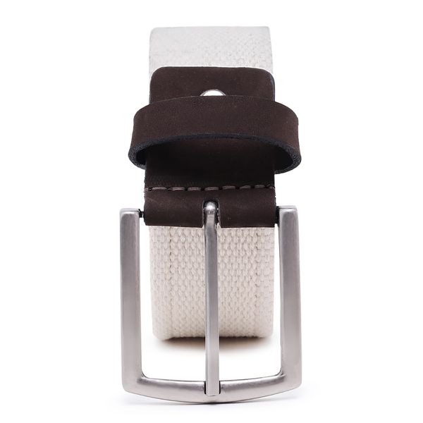 Cinto masculino casual em gorgurão cor natural e couro legítimo marrom 4 cm largura