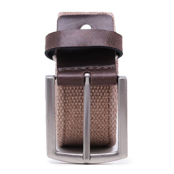 Cinto masculino casual em gorgurão cor bege envelhecido e couro legítimo marrom 4 cm largura