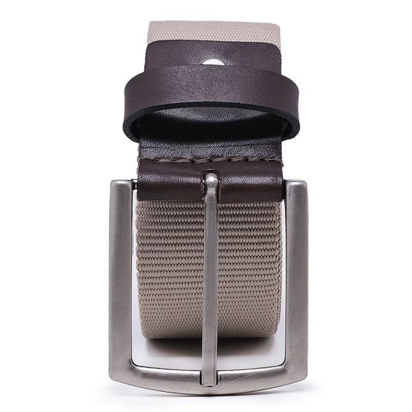Cinto masculino casual em gorgurão cor bege e couro legítimo marrom 4 cm largura