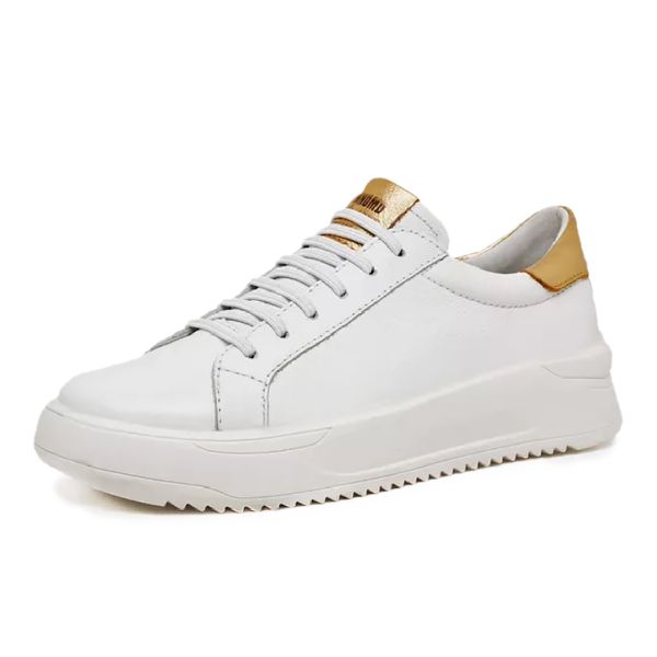 Tênis feminino casual couro legítimo cor branco com detalhe dourado
