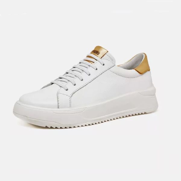 Tênis feminino casual couro legítimo cor branco com detalhe dourado