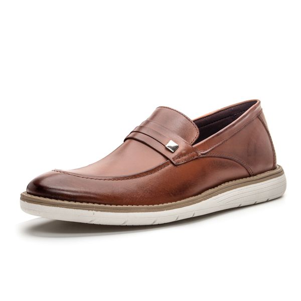 Mocassim masculino super confortável couro legítimo cor castanho solado claro