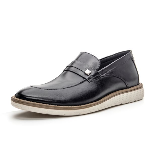 Mocassim masculino super confortável couro legítimo cor preto solado claro