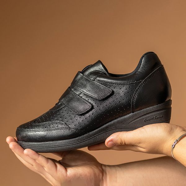 Tênis feminino ortopédico com velcro couro legítimo cor preto