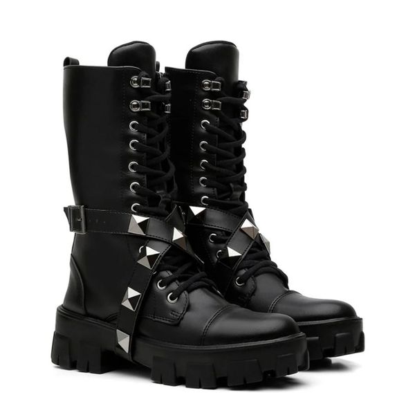 Bota Coturno Feminino Cano Longo Tiras Removíveis Spikes