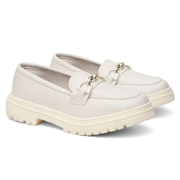  Mocassim Feminino Sola Baixa Bege Bridão Dourado