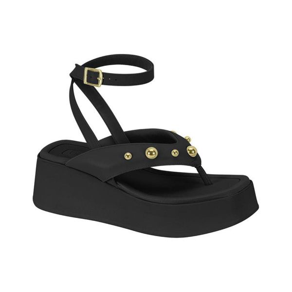 Sandália Feminina Flatform Beira Rio Preta Tachas Dourada