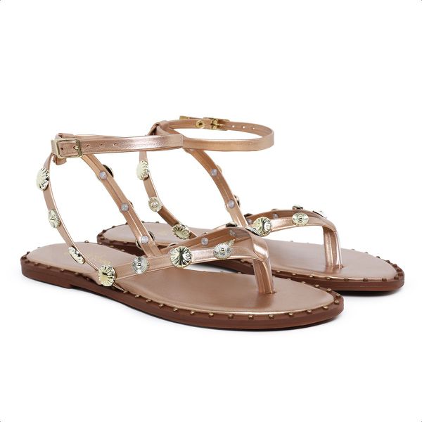 Sandália Feminina Rasteira Medalha Rose Gold Akazzo
