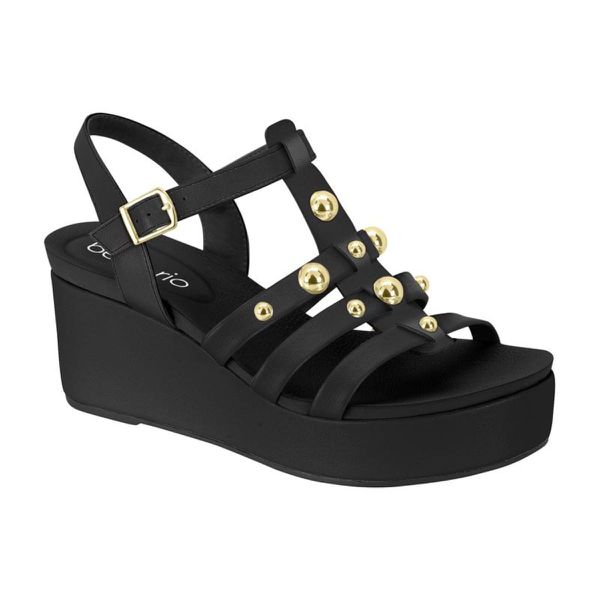 Sandália Feminina Beira Rio Anabela Flatform Preta Tachas Dourada