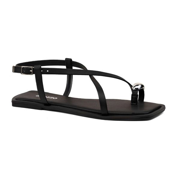 Sandália Feminina Rasteira Preta Verão Aplique Metal Prata