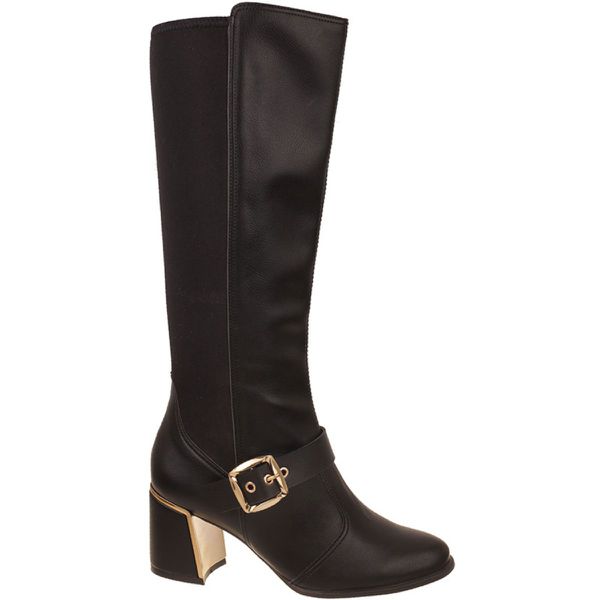 Bota Feminina Cano Longo Preta Detalhe Fivela Salto Bloco Grosso Dourado Bebecê
