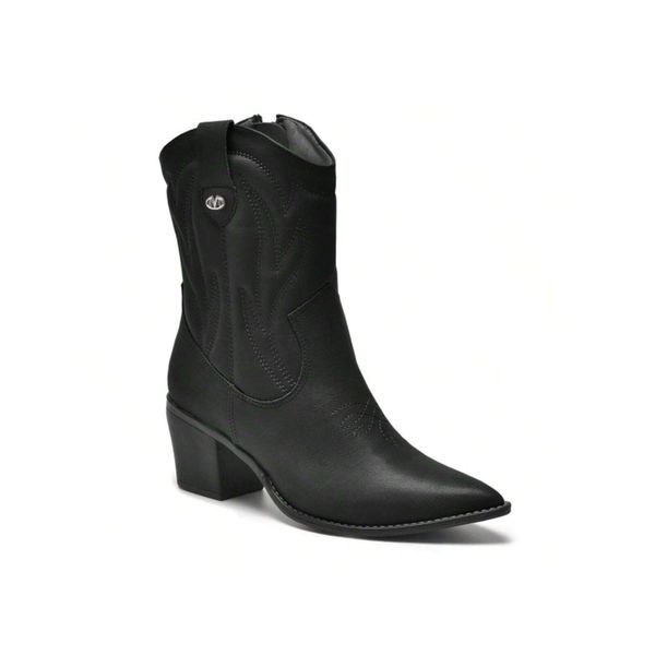 Bota Feminina Preta Bico Fino Bordada Bico Fino Country Texana Western Via Marte