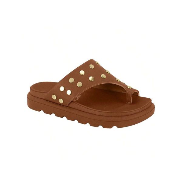Sandália Feminina Papete Tratorada Ring Toe Caramelo Tachas Vizzano