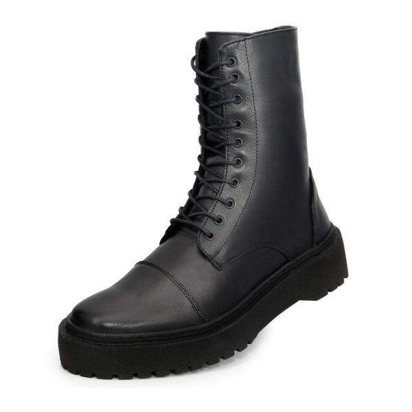 Bota Coturno Blogueira De Couro Estilo Militar Cano Alto Preto