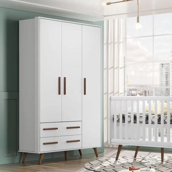 Guarda Roupa Retrô 3 Portas 2 Gavetas Pés Palito Branco Qmovi