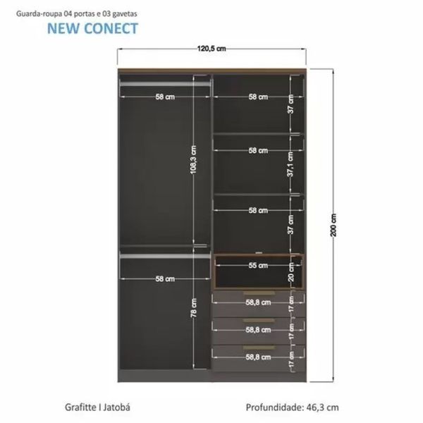 Guarda Roupa Solteiro New Conect 4 Portas 3 Gavetas Grafite/Jatobá Santos Andirá