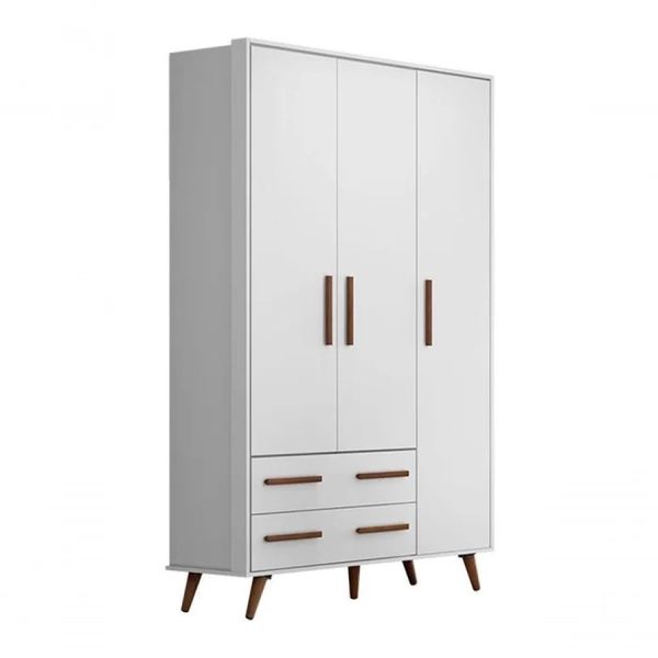 Guarda Roupa Retrô 3 Portas 2 Gavetas Pés Palito Branco Qmovi