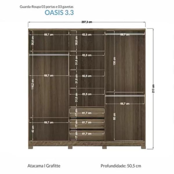 Guarda Roupa Casal Oasis 3 Portas de Correr com Espelho Atacama/Grafite Santos Andira