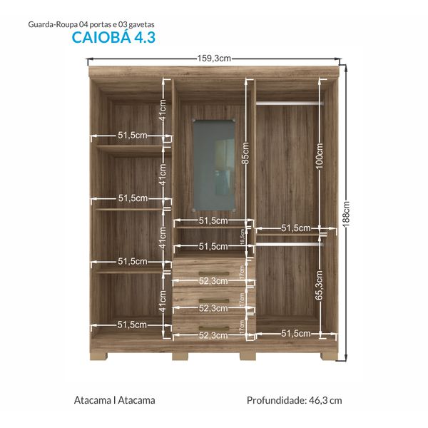Guarda Roupa Solteiro com Espelho 4 portas e 3 gavetas Caioba Atacama Santos Andira