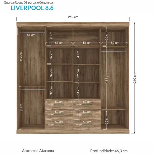 Guarda Roupa Casal Liverpool 8 Portas 6 Gavetas Atacama Santos Andira