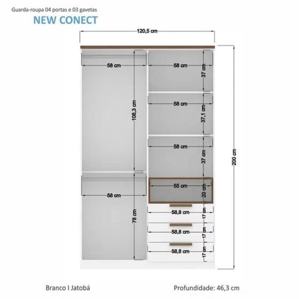 Guarda Roupa Solteiro New Conect 4 Portas 3 Gavetas Branco/Jatobá Santos Andirá