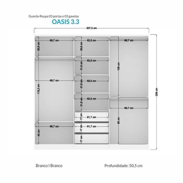 Guarda Roupa Casal Oasis 3 Portas de Correr com Espelho Branco Santos Andira