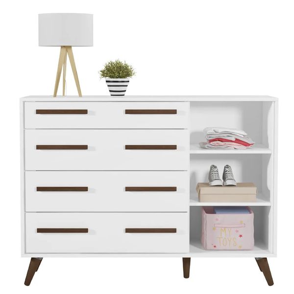 Cômoda Sapateira Infantil 4 Gavetas e 1 Porta Carvalho/Branco Qmovi