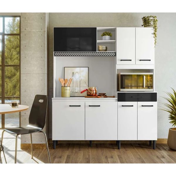 Armario de Cozinha 7 Portas 1 Gaveta Branco/Preto Yara