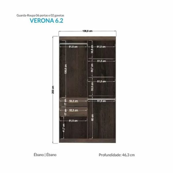 Guarda Roupa Solteiro Verona 6 Portas 2 Gavetas Ebano Santos Andira