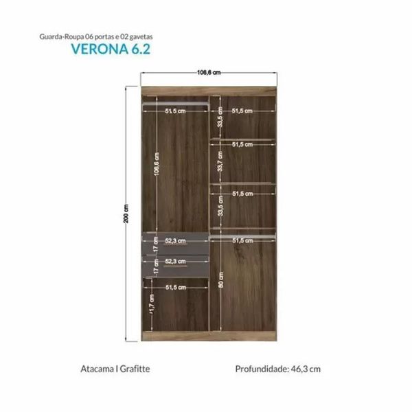 Guarda Roupa Solteiro Verona 6 Portas 2 Gavetas Atacama/Grafite Santos Andira