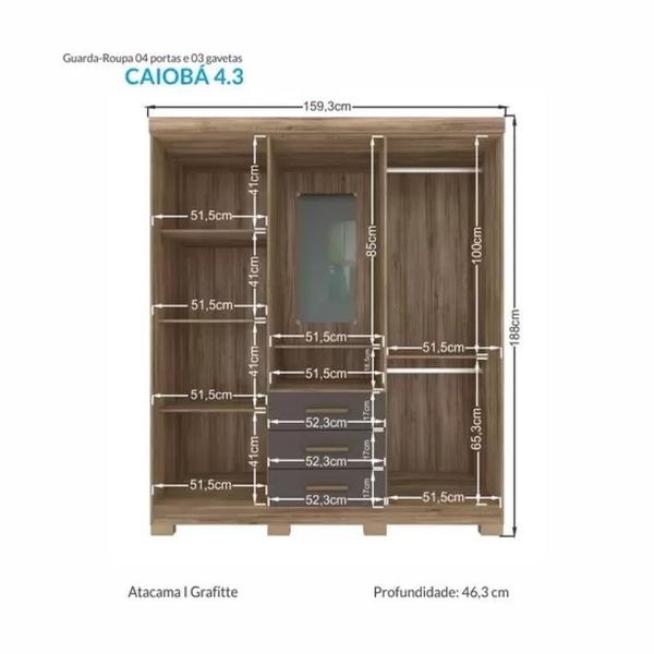 Guarda Roupa Solteiro com Espelho 4 portas e 3 gavetas Caioba Atacama/Grafite Santos Andira