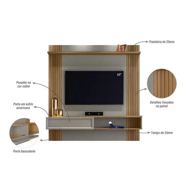 Painel Home para TV até 60" Pitanga Amendoa/Titanio Linea Brasil