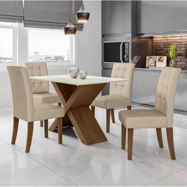 Conjunto de Mesa Sala de Jantar Dubai 4 Cadeiras 1,36m Carvalho/Off White Dobuê