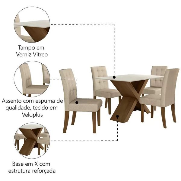 Conjunto de Mesa Sala de Jantar Dubai 4 Cadeiras 1,36m Carvalho/Off White Dobuê
