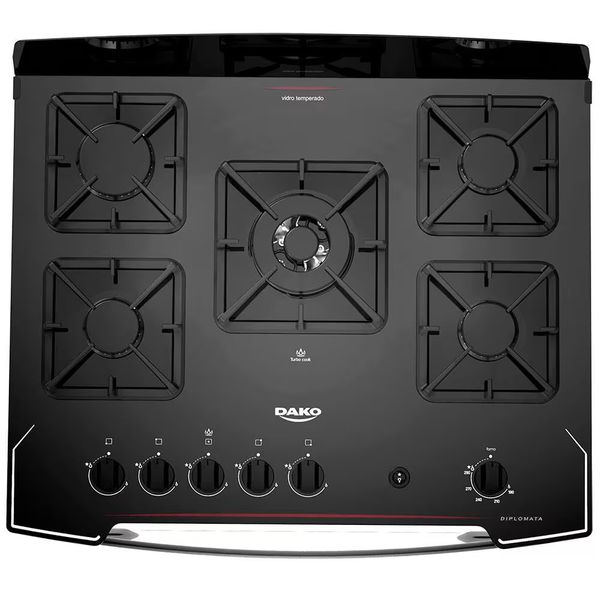 Fogão Dako 5 Bocas Diplomata com Mesa de Vidro Acendimento Automático Preto