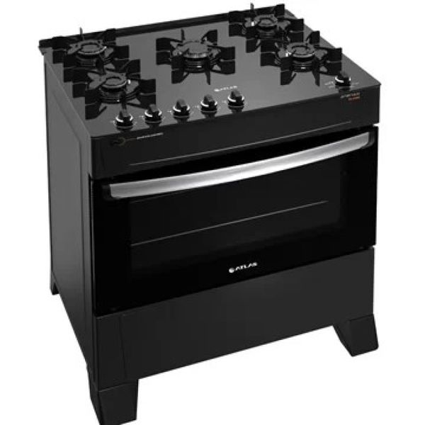 Fogão Atlas 5 Bocas Preto Atenas Glass com Acendimento Automático Bivolt