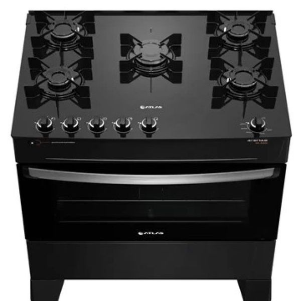 Fogão Atlas 5 Bocas Preto Atenas Glass com Acendimento Automático Bivolt