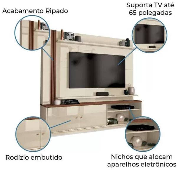 Estante Home Theater Tv até 65" Royale Off White/Naturale EDN