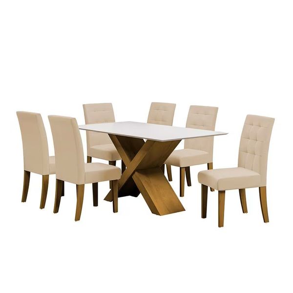 Conjunto Mesa de Jantar Dubai 6 Cadeiras Dobue Carvalho/Off White