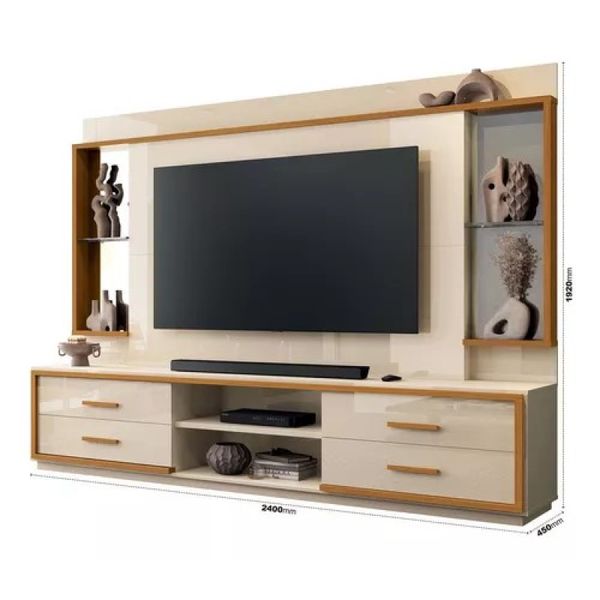 Estante Home Teather Para Tv até 75" Leni Off White/Cedro Edn Móveis